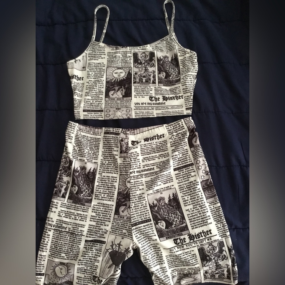 Newspaper Print Cami Top & Biker Shorts Set